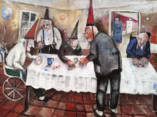 "Foglalkoztatás az öregek otthonában" , 60x80 cm, olaj akril, farost-lemez *