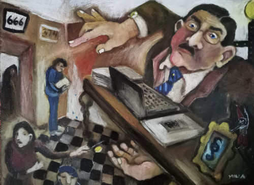 "Hivatalnok", 60x80cm, farost-lemez, olaj akril *