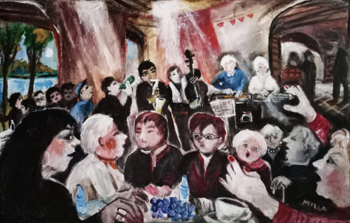 "Magyar nóta délután", 56x85 cm,falap, akril *.