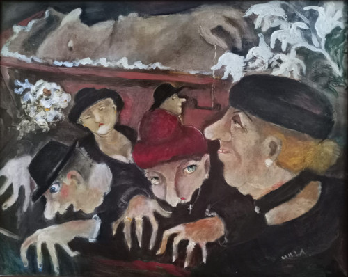 "Hozományvadászok" 65x80 cm, olaj,  farost-lemez * (még a halott a koporsóból is lesi , mért ő sem kivétel 😀😀😀 )*