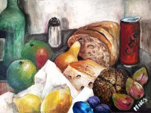 "Csendélet Cola és sajttal", 30x40 cm, vászonos-festőkarton, akril