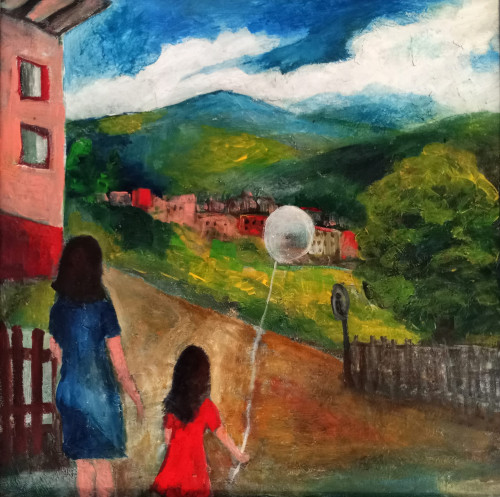 Séta a lufival, emlék Bruck an der Mur Ausztriai emlékek, 60x60 cm, olaj, feszített vászon