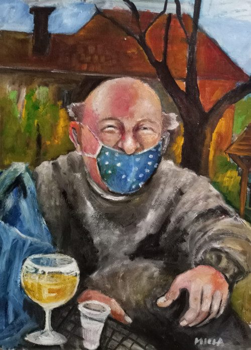 "Villanyszerelőm, kopaszon, maszkkal, munka után",68x57 cm, akril,farost-lemez *