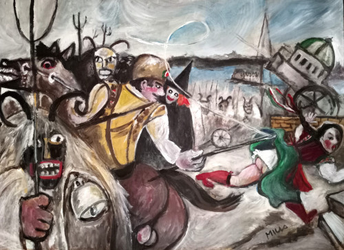 "Mohácsi maskara" 88x120 cm, Fraost-lemez, olaj-akril *