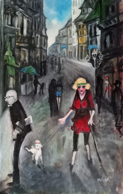 "Budapesti hölgy kutya-sétáltatása", 73x47 cm, olaj, farost-lemez *