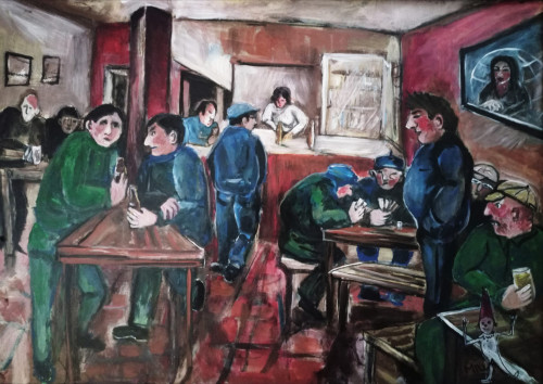 "Horváthkerti söröző polgárai" (Mindszent),60x85 cm, olaj, farost-lemez *