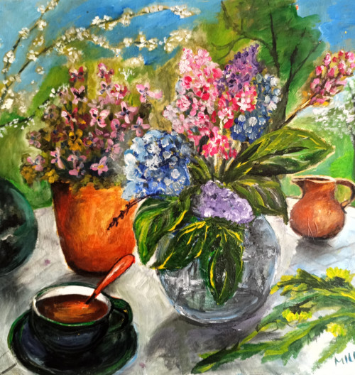 "Tavaszi csendélet teáscsészémmel", 50x50 cm, feszített vászon, akril