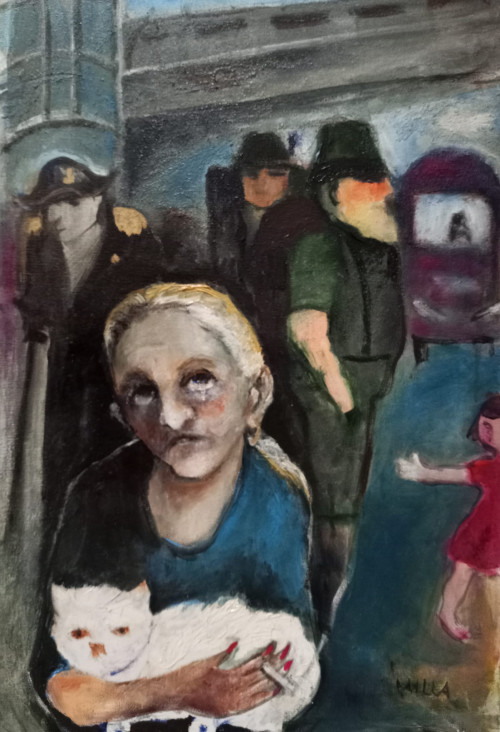 Találkozásom a bécsi buszpályaudvaron "Néni játékmacskával" 60x 40, olaj, feszített vászon *