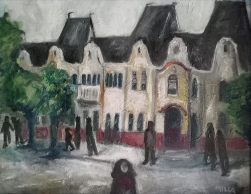 "Mindszenti város központ", életkép, 50x60 cm, feszített vászon, olaj *