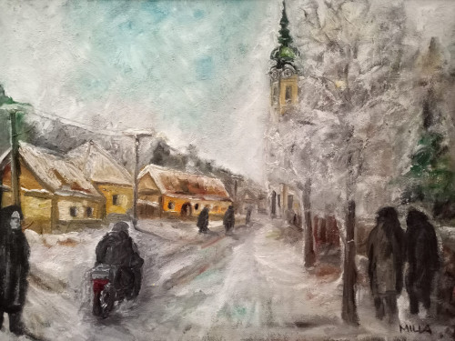 "Mindszenti templomba menet télen", 60x80 cm,farost-lemez, olaj *