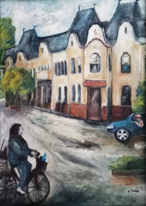 "Mindszenti életkép-  Bankpalota", 70x50 cm, farost, olaj-akril *