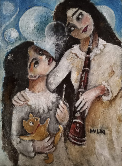 Rokon-kislányok, farostlemezen, akril, 56x40 *