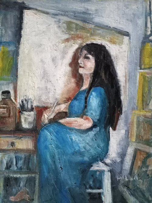 "Vászon előtt", farost, 60x50 cm,olaj *