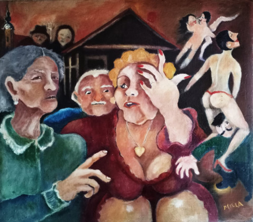 "Falusi pletykások a  padon"  70x80 cm, feszített vászon, olaj