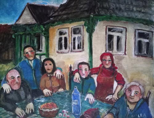 "Látogatás Erdélyben", farost, 49,5x60 cm,olaj *