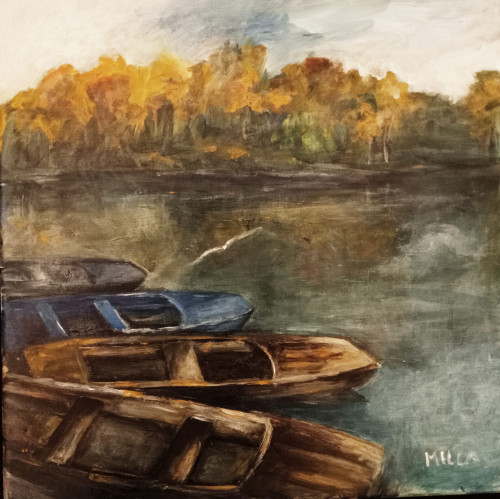 Tisza holtág-Mártelyi csónakok, 40x40 cm, feszített vászon ,akril