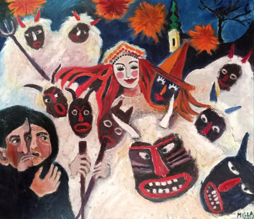 "Maskara és a pletykások", 60x70 cm, farost, olaj *