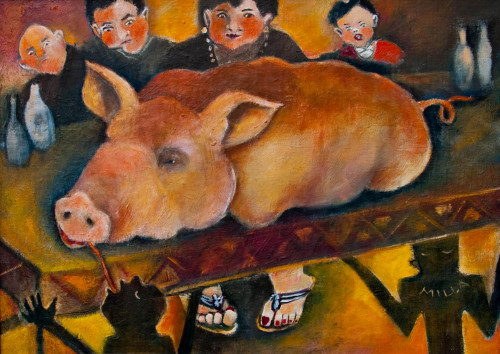 Ember és a töltött sült,  50x 70 cm, farost olaj