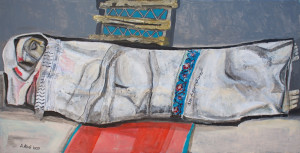 ABED ABDI
Martyr no.18280 From Bureij Refugee Camp,
Acrylic on canvas, 150 x 77 cm (2024).